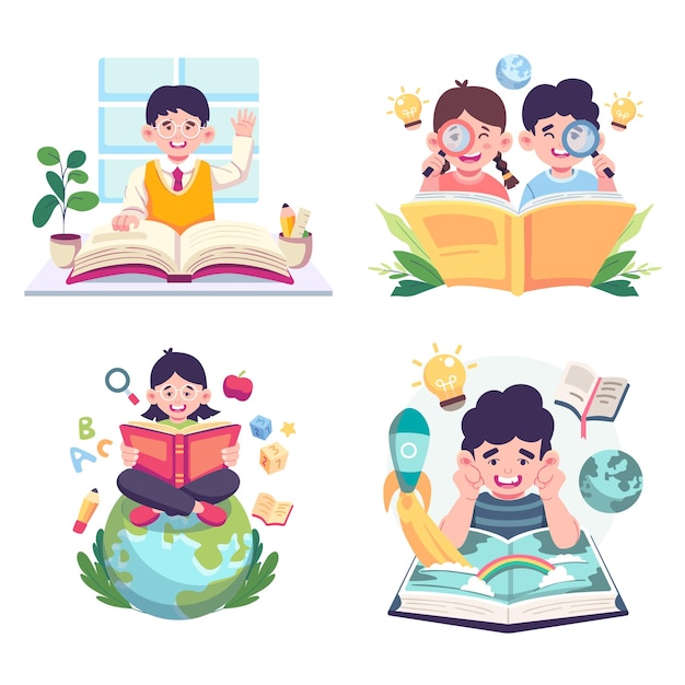 Free vector funny kids vector characters colorful collection reading book writing and exploring vector illustration
