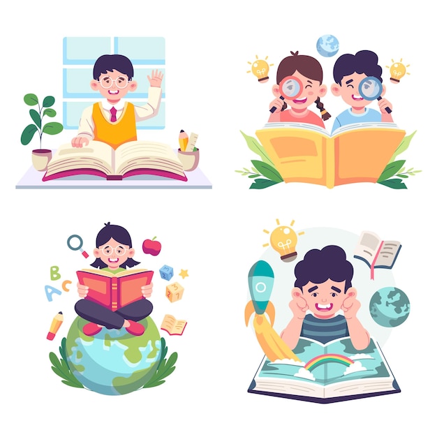 Funny kids vector characters colorful collection reading book writing and exploring Vector illustration