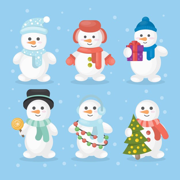 Funny snowmen set Snowmen in different outfits like hat and scarf with christmas tree