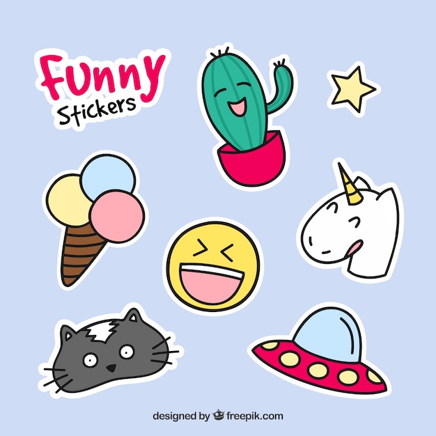 Free Vector funny stickers with hand drawn style