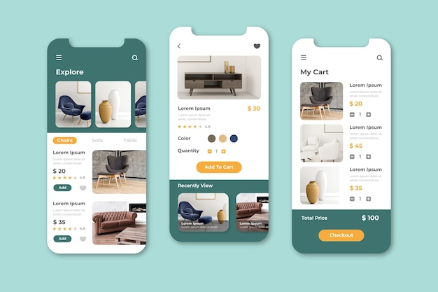 Furniture shopping app screens