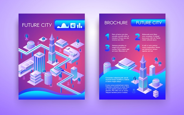 Free Vector future city conceptual brochure isometric template in vibrant fluorescent colors with subway 