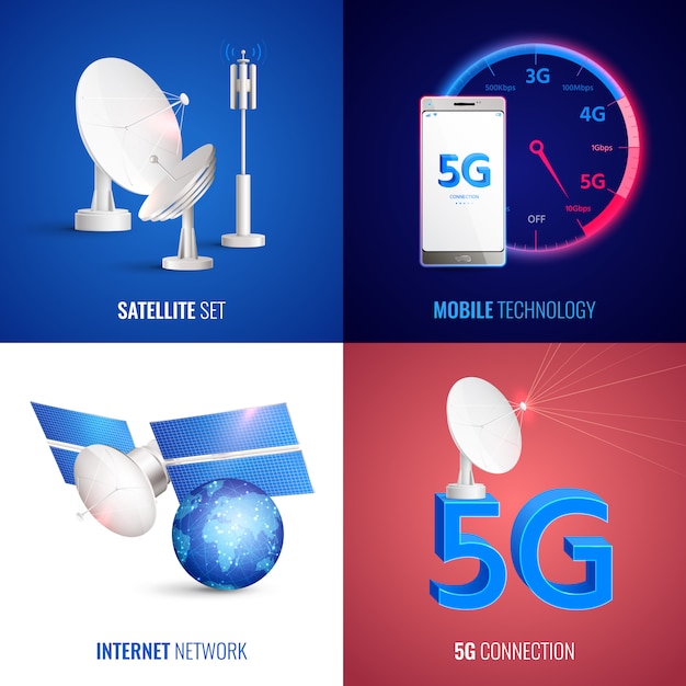 Free vector futuristic mobile technology 2x2 concept with satellite set internet network  and 5g connection square icons realistic