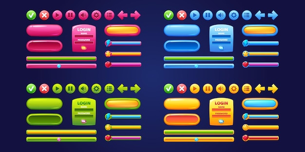 Game design interface with glossy buttons and panels Vector cartoon set of ui elements different colors circle buttons with icons bars sliders arrows and login frame