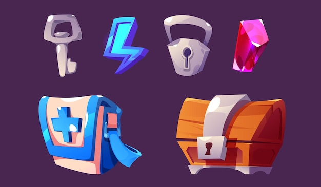 Free Vector game icon kit cartoon assets of lock and key blue lightning and pink gem stone closed wooden chest box and first aid medicine bag vector illustration of gui elements and rpg trophy or rewards