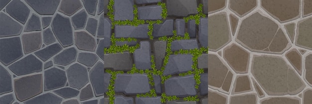 Game stone textures seamless patterns of pavement wall with rocks ivy or floor tiles top view Textured natural backgrounds realistic cobblestone surface 2d ui or gui graphics Vector layers set