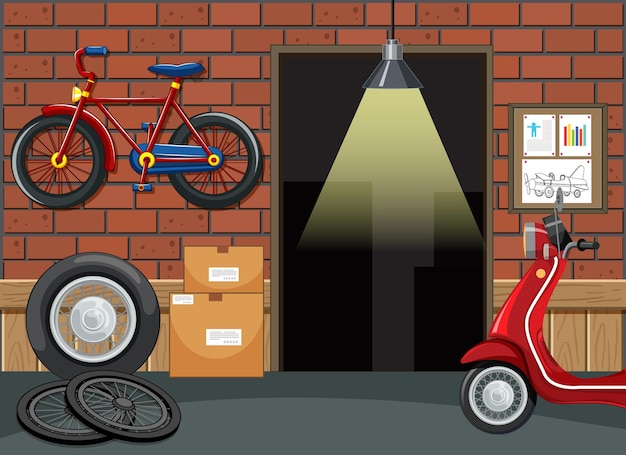 Free Vector garage interior with motorcycle and bicycle