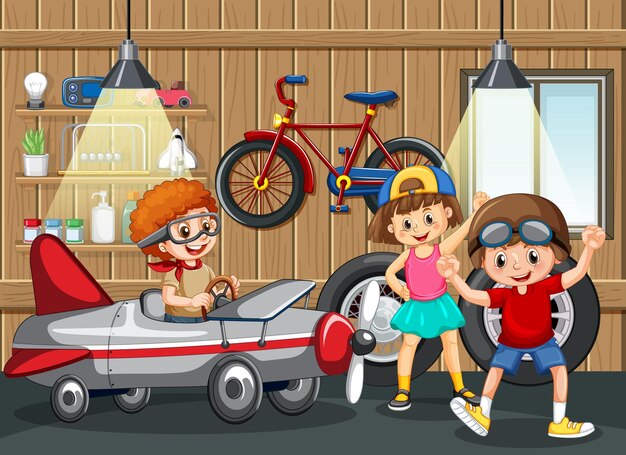 Garage scene with children fixing a car together