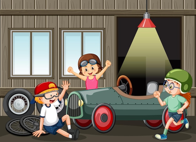 Garage scene with children fixing a car together