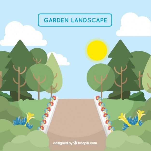 Free vector garden landscape with a path and flowers