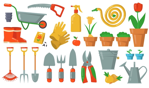 Free vector garden tools set. rake, shovel, bucket, cutter, fork, gloves, potted plant, cart, hose, gumboots illustrations on white background. for gardening work equipment, agriculture, horticulture