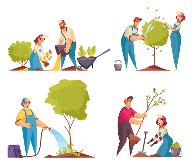 Free Vector gardener concept icons set with trees flat isolated vector illustration