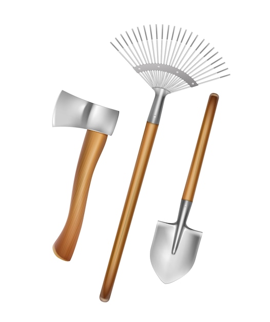 Free vector gardening hand tools: rake, shovel, axe with wooden handle