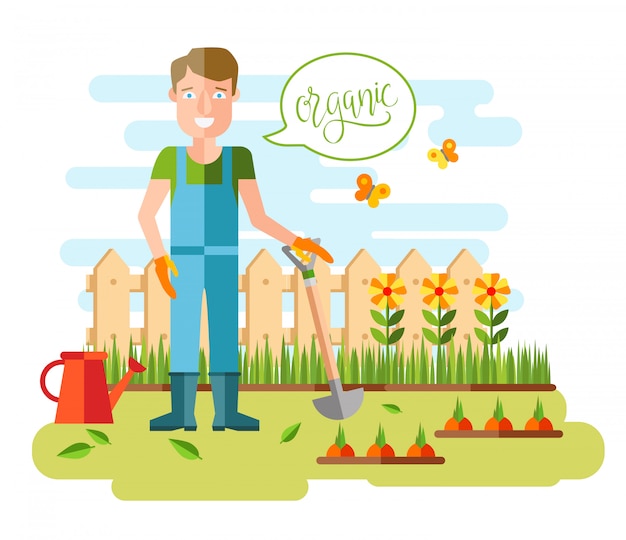 Free Vector gardening and horticulture, hobby tools, vegetables crate and plants. 