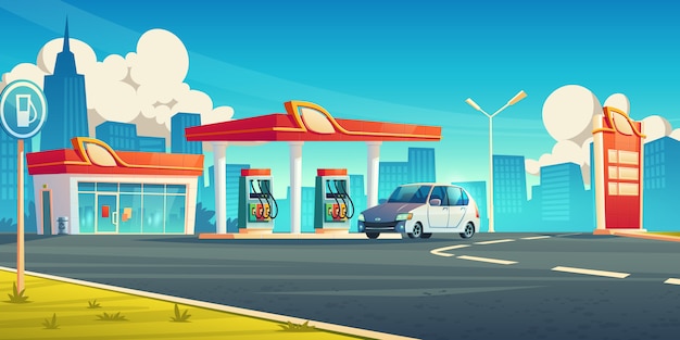 Free vector gas station, cars refueling city service, petrol shop with building