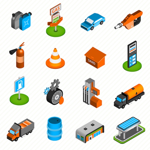 Free vector gas station elements isometric icons