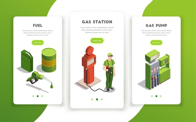 Gas station set of vertical banners with page switch buttons editable text and colourful images