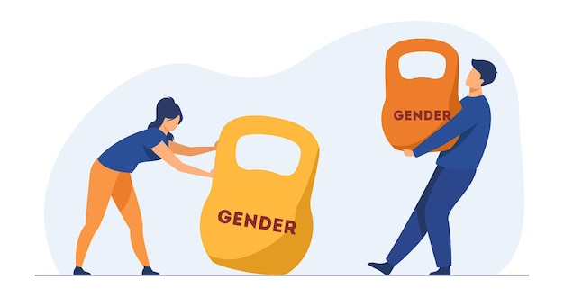 Free Vector gender discrimination and inequality. man and woman lifting kettlebells of different weight. cartoon illustration