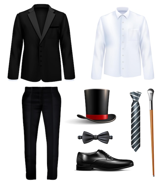 Free vector gentleman suit and accessories realistic set with black costume white shirt hat boot ties stick isolated vector illustration