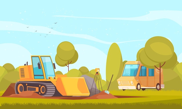 Geology equipment composition with flat sunny outdoor landscape and  of van and bulldozer digging ground  illustration