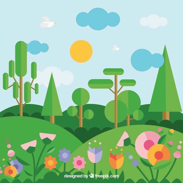 Free vector geometric landscape with trees and flowers