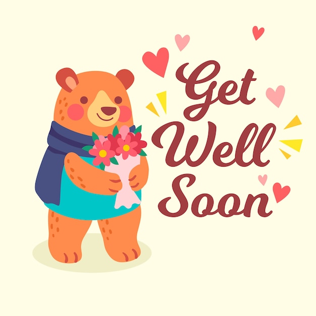 Free vector get well soon with bear and flower