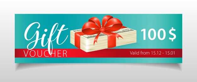 Gift Voucher lettering with dollar banknotes and ribbon