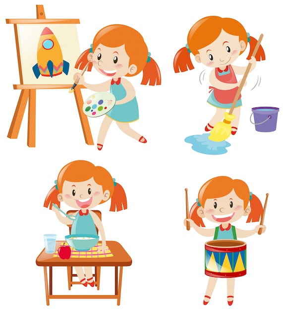 Free vector girl in blue dress doing different activities