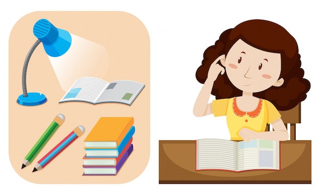 Free vector girl doing homework on table