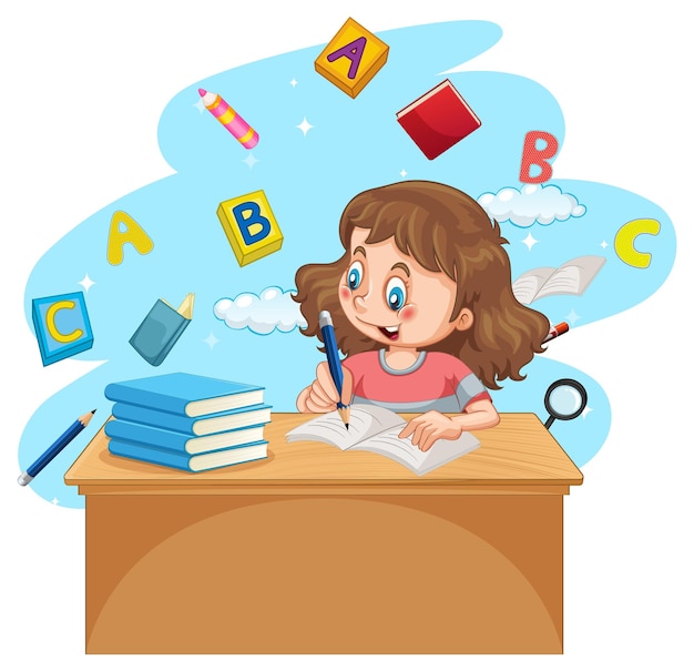 Free Vector a girl doing homework with books on white background