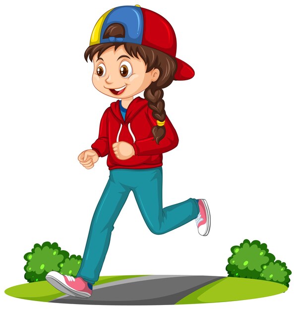 Girl doing running exercise cartoon character isolated