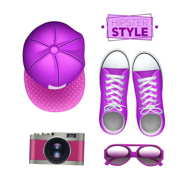 Free Vector girl hipster accessories set with gumshoes cap photo camera and sunglasses