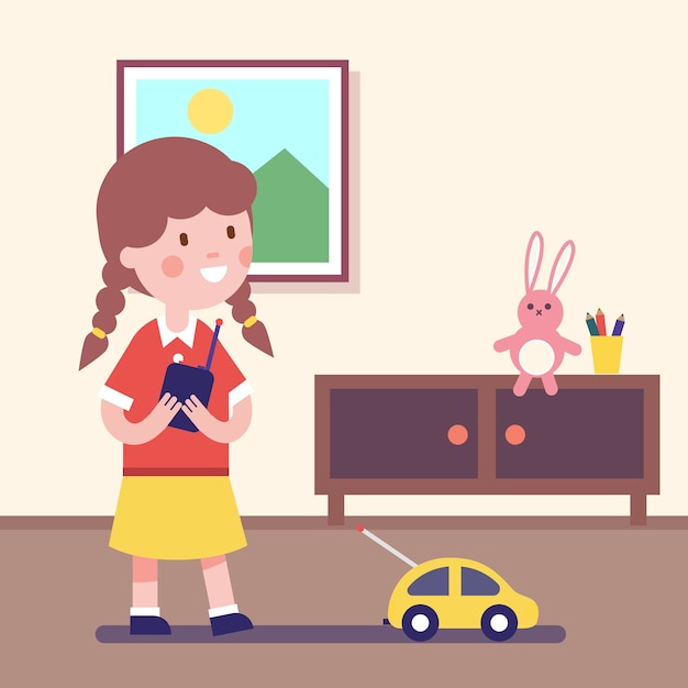 Free Vector girl playing with remote controlled car