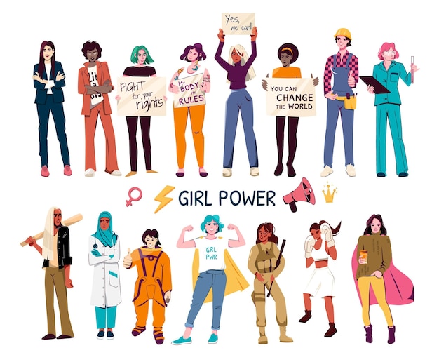 Free vector girl power flat set of female characters of different ethnicity fighting for women rights isolated vector illustration