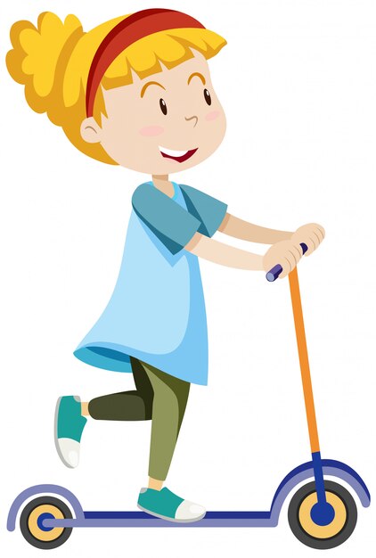 A girl riding on scooter with happy mood cartoon style isolated