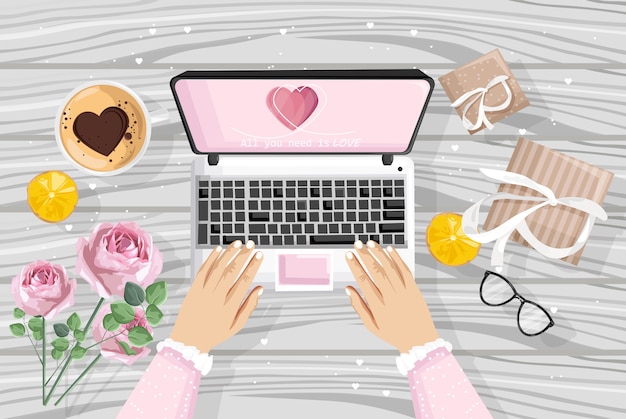 Free Vector girl using laptop with romantic gifts site