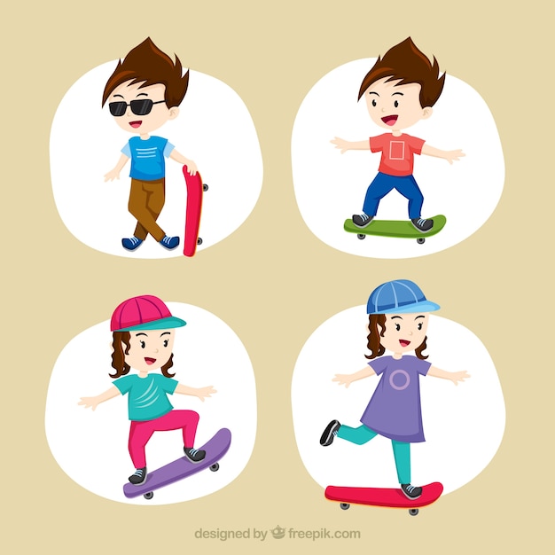 Free Vector girls and boys longboarding