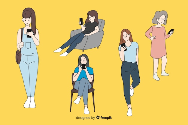 Free vector girls holding smartphones in korean drawing style