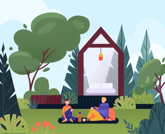 Free Vector glamping flat concept with people having picnic wigh transparent house on background vector illustration