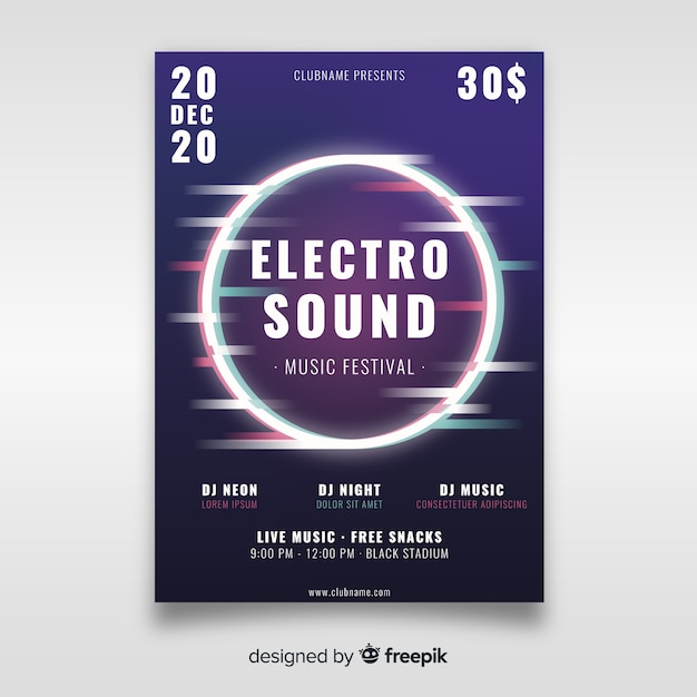 Free Vector glitch effect electronic music poster template