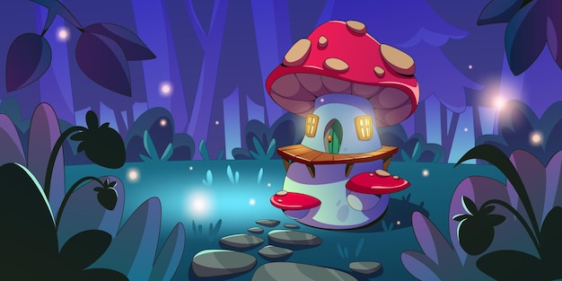 Free vector gnome mushroom houses in night forest