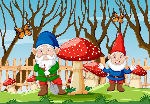 Free Vector gnome with mushroom and butterfly in the garden cartoon style scene