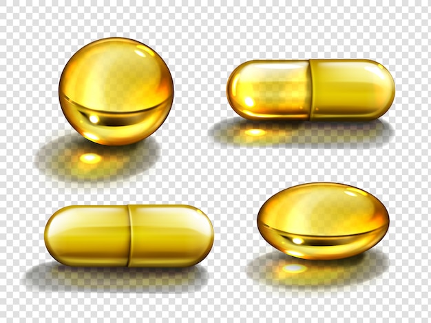 Free Vector gold oil capsules, vitamine round and oval pills