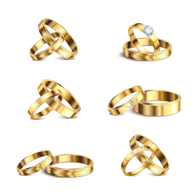 Free vector gold wedding rings couple series 6 realistic isolated sets noble metal jewelry against white background  illustration