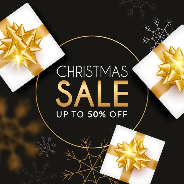 Golden christmas sale banner with gifts