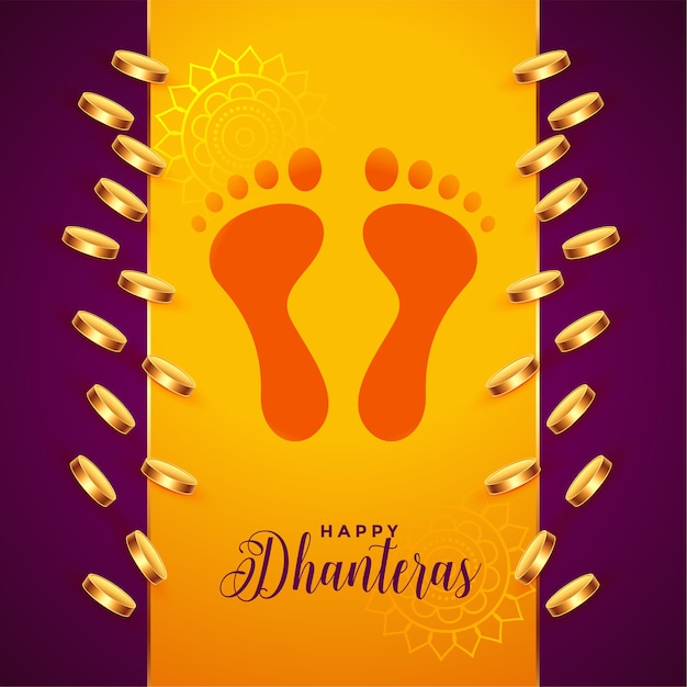 Free Vector golden coins and god foot prints dhanteras background