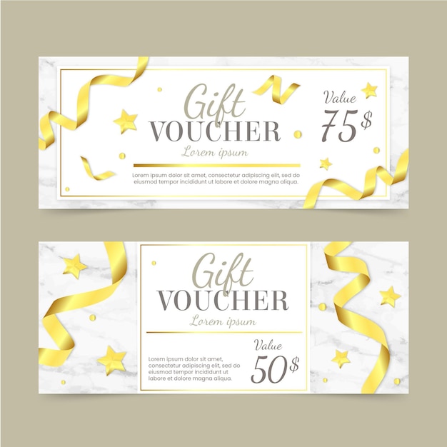 Free Vector golden gift voucher template with ribbons