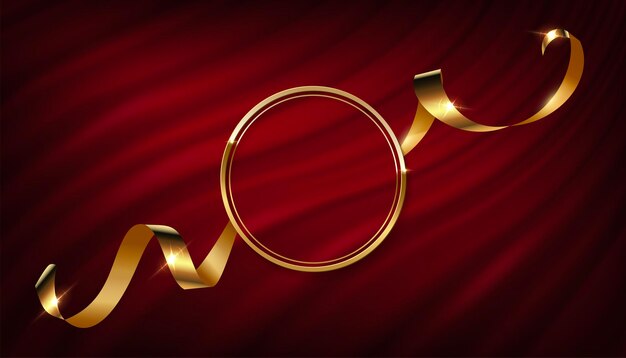 Golden round frame with ribbon on red curtain background Gold circle with serpentine on waving backdrop