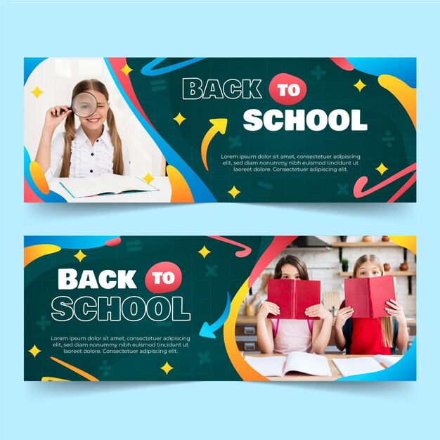 Gradient back to school horizontal banners set with photo