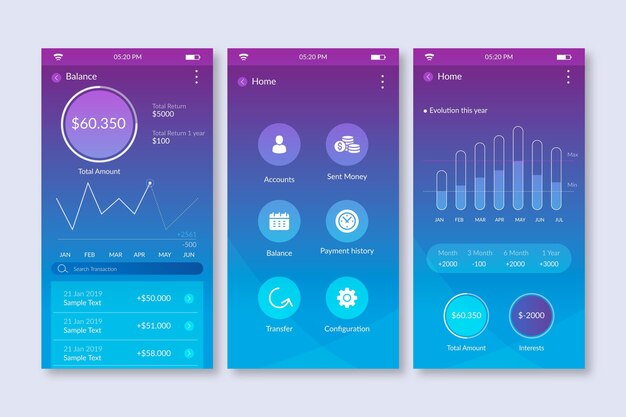 Gradient banking app interface with statistics